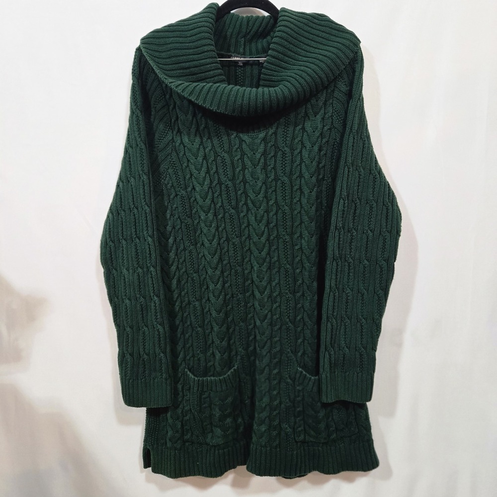 Jeanne Pierre Cotton Cable Knit Tunic Sweater XL Forest Green Cowl Neck